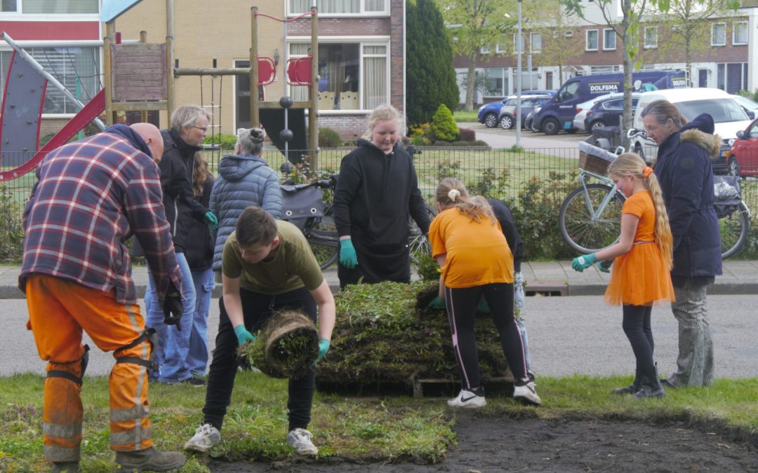 Kinderen planten wilde bloemen in Hoogkerk